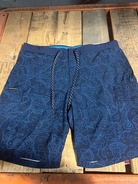 ZeroXposur Navy Blue Swim Board Shorts with Light Blue Topographic Print
